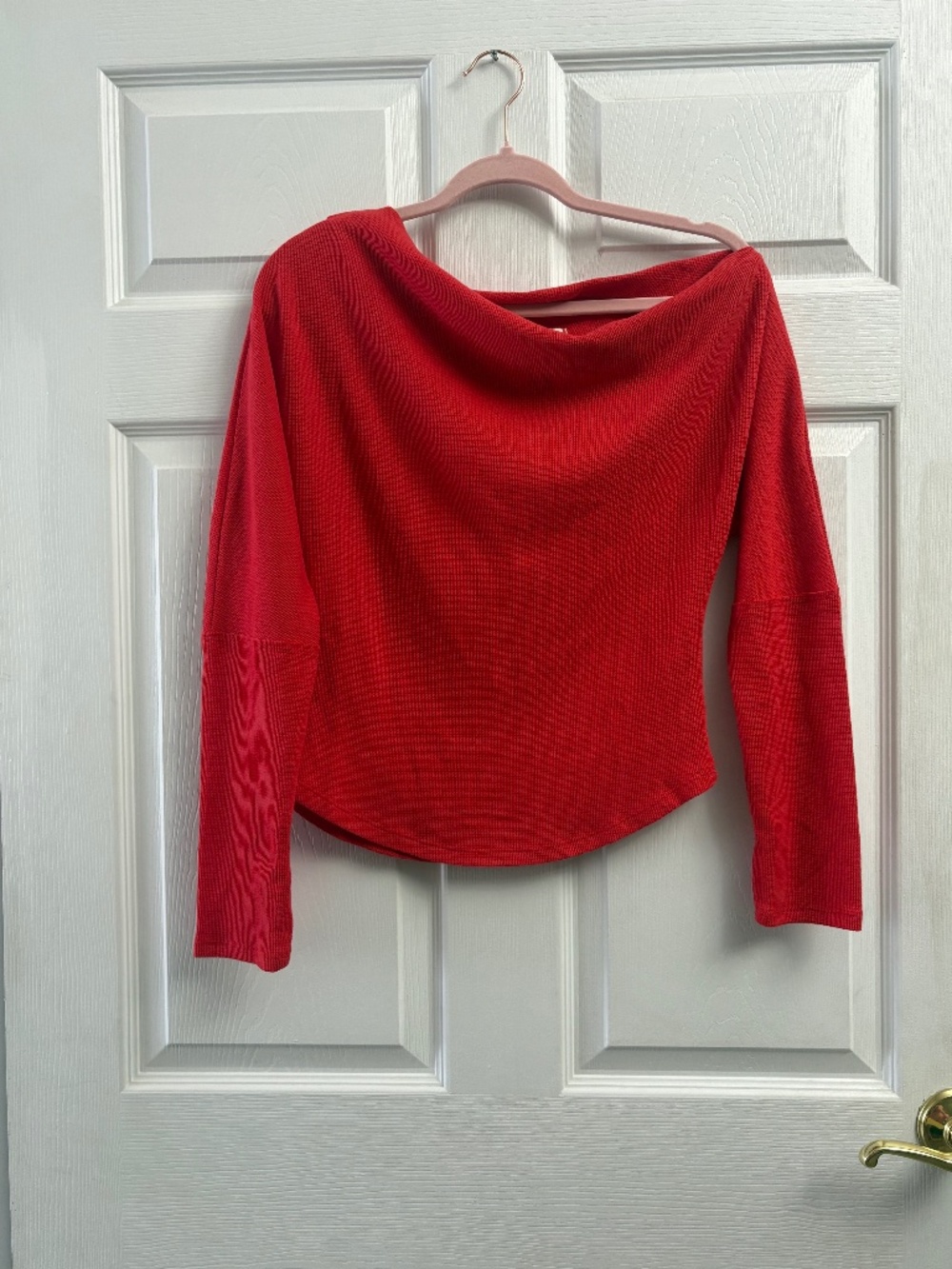 Free People We The Free Red Off The Shoulder Waffle Knit Top